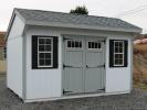 Pine Creek 10x14 New England Cottage with White walls, Light Gray trim and Black shutters, and Oyster Grey shingles